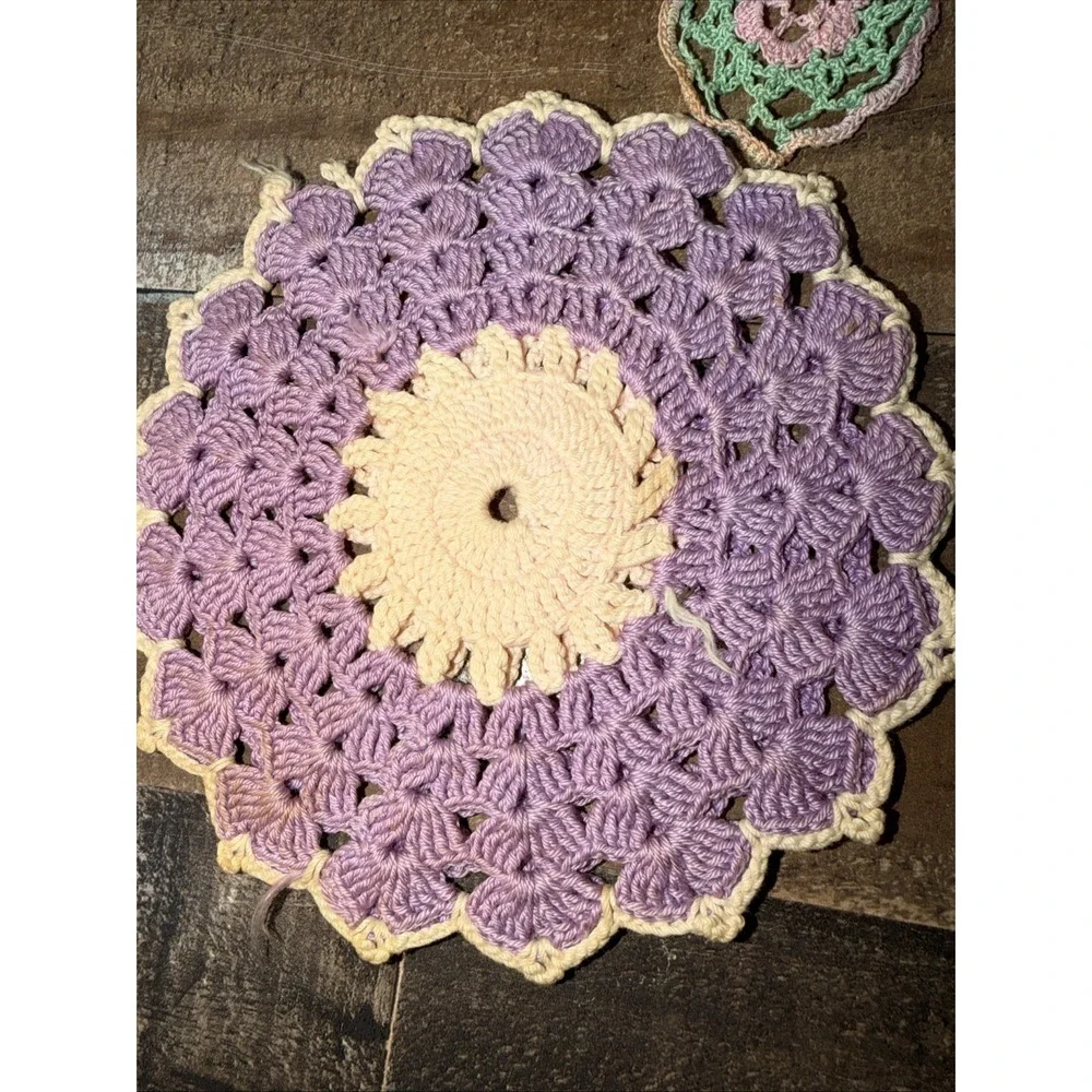 Vintage Handmade Crochet Doilies Lot Set of 3 Pink Green Purple Boho Table Decor